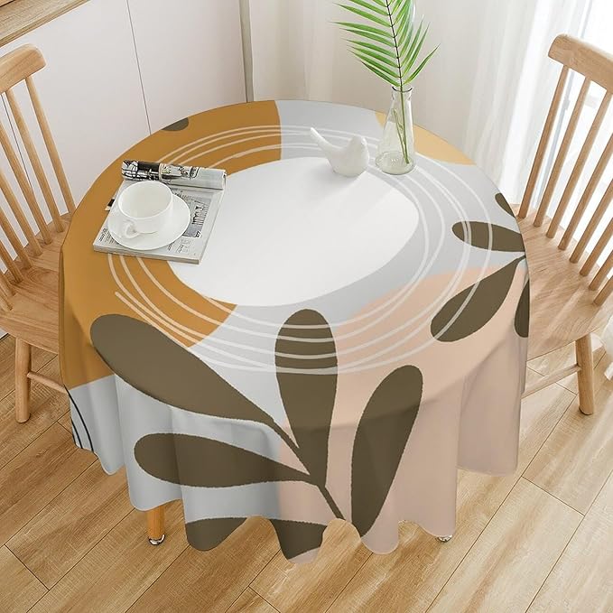 Boho Mid Century Round Tablecloth, Bohemian Abstract Modern Leaves Tablecloth for Home Party Dining Room Kitchen Decor 36Inch(90cm)