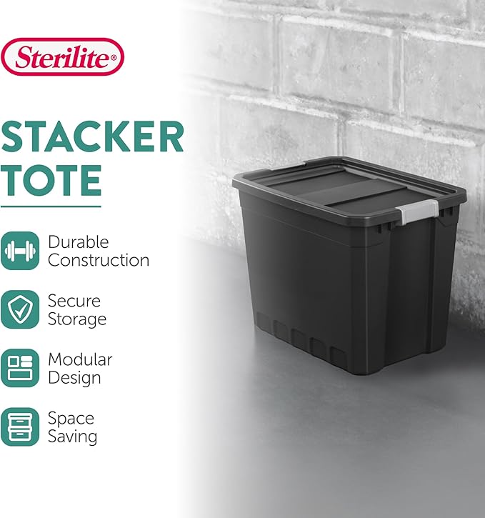 Sterilite 16-Pack Plastic Storage Bins with Lids, Stackable Containers, 27 Gallon, Black