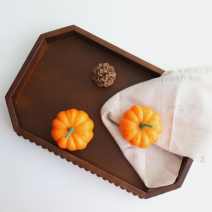 Retro Brown Wood Serving Tray with Beads, Farmhouse Decorative Tray for Table Centerpiece, Christmas Wedding Halloween Home Decor