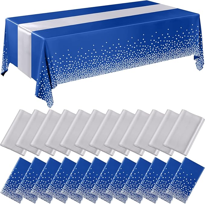 Breling 24 Packs Navy Blue and Silver Disposable Plastic Tablecloths and Satin Table Runner Set, 54 x 108 Inch Tablecloth, 12 x 108 Inch Table Runners for Wedding Graduation Birthday Baby Shower