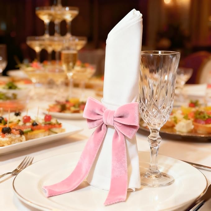 Bow Napkin Rings Set of 6 Luxury Soft Pink Velvet Napkin Holders, Elegant Bow Design for Christmas Holiday Dinner Wedding Party Table Decor