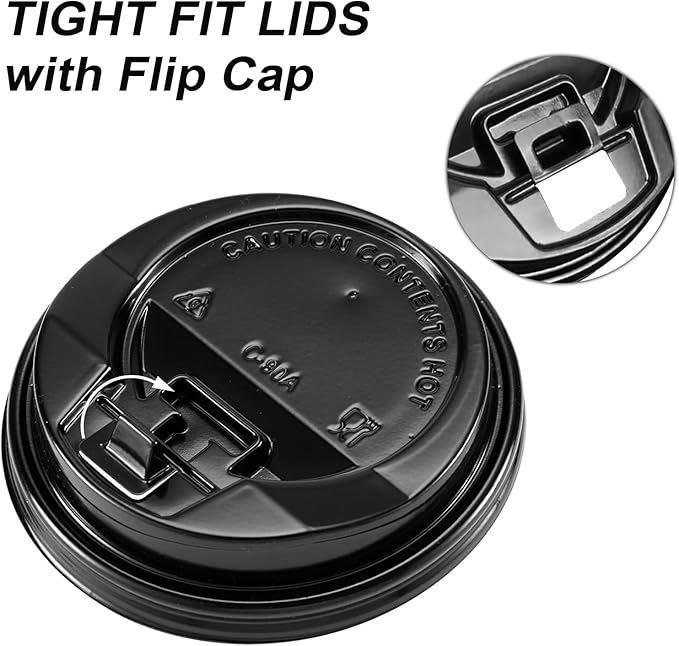 SIUQ 150 Pack Coffee Cup lids, Disposable Plastic Cup Lids for 10, 12, 16, 20, 24 oz Paper Cups, Hot/Cold Drinking Cup Lids, 3.54 Inches/90 mm Diameter - Black