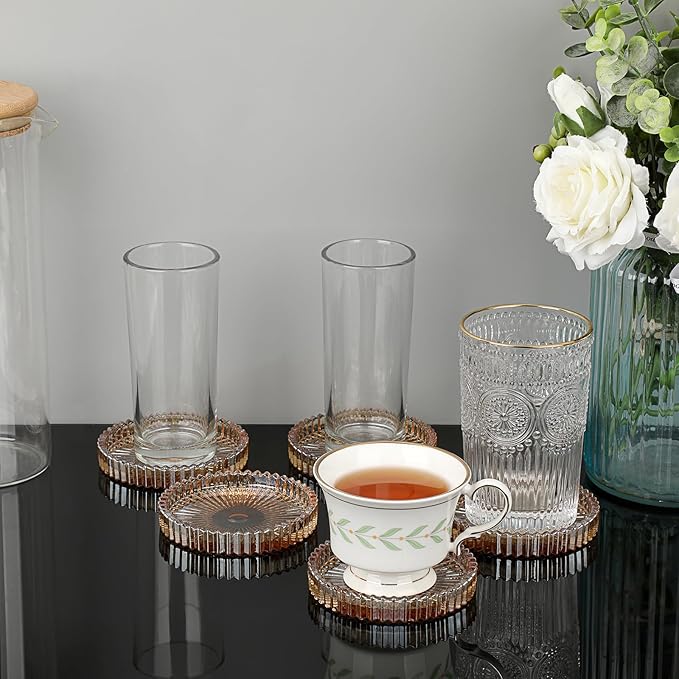 JUXYES 5 Pack Amber Tone Crystal Coasters Round Cup Mat, Glass Coasters for Drinks Coffee Tea Wine, Decorative Wine Bottle Coaster, Crystal Drink Coaster for Restaurant bar Kitchen Dining Table