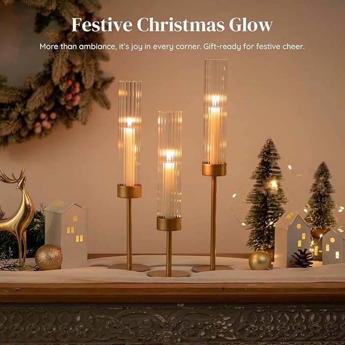 Gold Hurricane Taper Candle Holders: Glasseam 3Pcs Brass Candlestick Holders with Ribbed Glass Cylinder Cover Fluted Tall Candle Sticks Holder Decor for Table Centerpiece Wedding Christmas Decorations