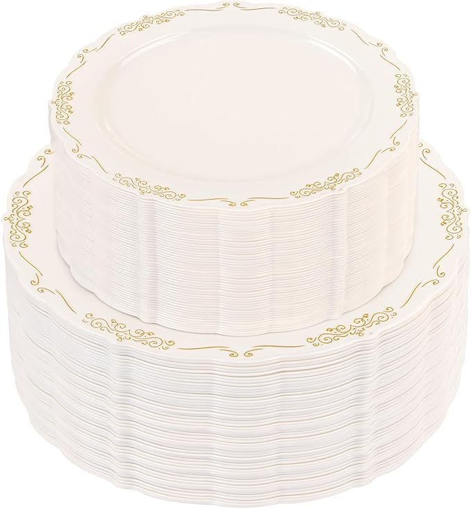U-QE 100 PCS Ivory Plastic Plates with Gold Rim - Gold Plastic Plates for Party - Heavy Duty Plastic Plates Disposable Use Including 50 Dinner Plates 10 '' & 50 Dessert Plates 7.5 ''
