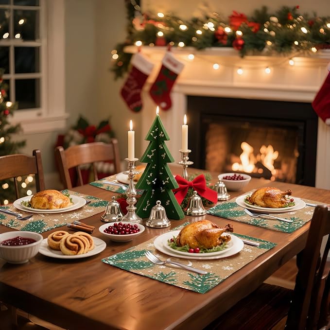 MANSPHIL Gold Christmas Placemats Set of 4 Snowflake Fabric Table Mats Farmhouse Table Decor Cotton Faux Linen Place Mats Heat Resistant Washable Dining Kitchen - 13x19 Inch Oeko Tex Placemat