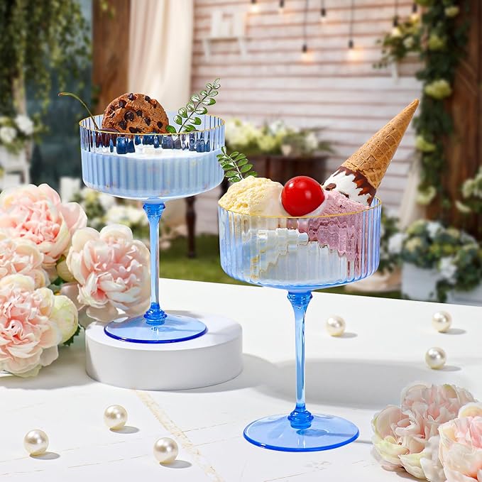 XUWAIDSGN 100 Pcs Champagne Martini Glasses 9 Oz with Gilded Removable Gold Rim Coupe Glasses Pink Martini Glasses Plastic Mimosa Vintage Coupe Glasses Set For Wedding Anniversary (100, Clear Blue)