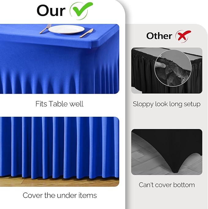 Wish Care 6 Pack Royal Blue Spandex Table Clothes for 6 Foot Rectangle Tables, 6FT Wrinkle Free Fitted Tablecloths Ruffles Design Table Cloth for Party, Banquet, Wedding and Events