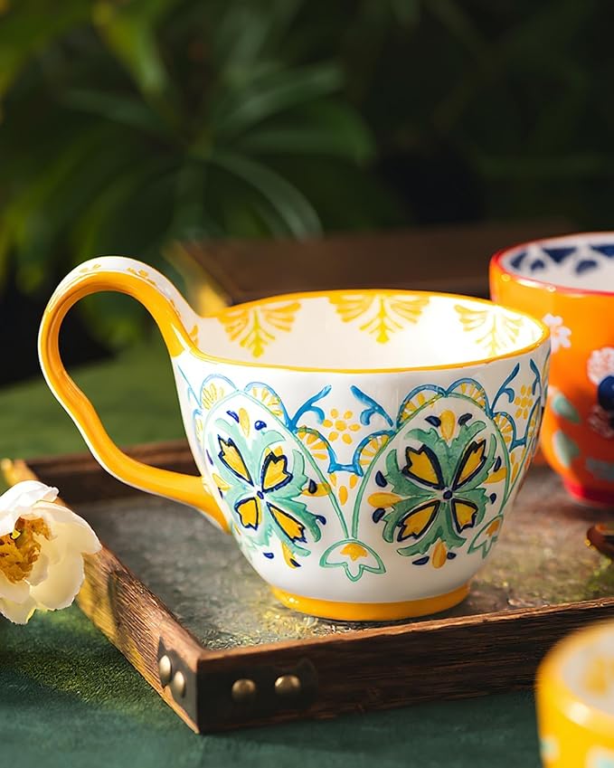 25oz Ceramic Soup Bowl with Handle – Handcrafted Floral Pottery Cereal & Ramen Bowl – Large Microwave & Dishwasher Safe Decorative Bowl for Everyday Use or Gift (Amalfi Bloom, 20oz)