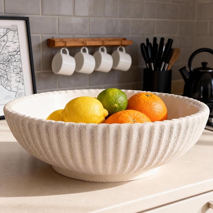 DOVDOV Beige ruffled-edge decorative bowl, large modern fruit bowl, home decor bowl for kitchen counter, coffee table, or entryway table, minimalist key holder and centerpiece fruit bowl.