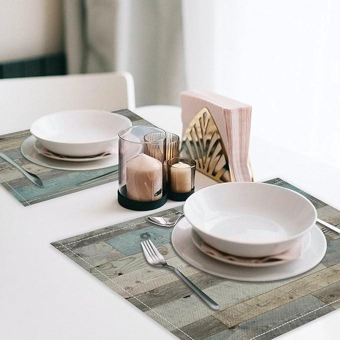 Rustic Plank Placemat Set, Vintage Old Shabby Colorful Beige Brown Blue Farmhouse Barn Wooden Board Pattern Home Decor Linen Table Mats for Dining Room Kitchen Party (17x12in) x6P