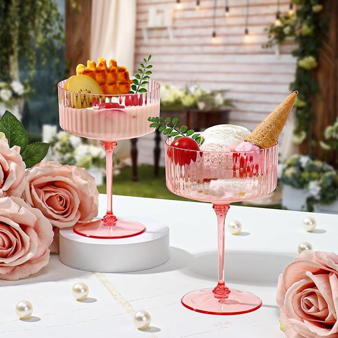 XUWAIDSGN 50 Pcs Champagne Martini Glasses 9 Oz with Gilded Removable Gold Rim Coupe Glasses Pink Martini Glasses Plastic Mimosa Vintage Coupe Glasses Set For Wedding Anniversary (50, Ribbed Pink)