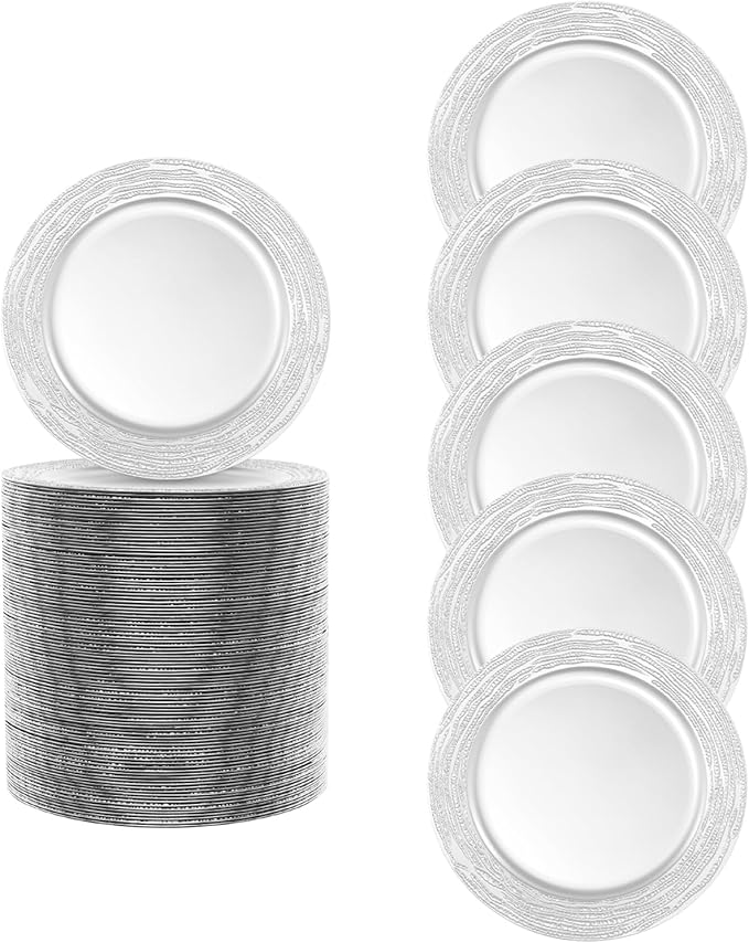 100 Pcs Silver Charger Plates Bulk, 13 Inch Antique Plastic Round Chargers Set, Textured Decorative Dinner Plates for Wedding Party Banquet Event Festival Table Decoration (Silver)