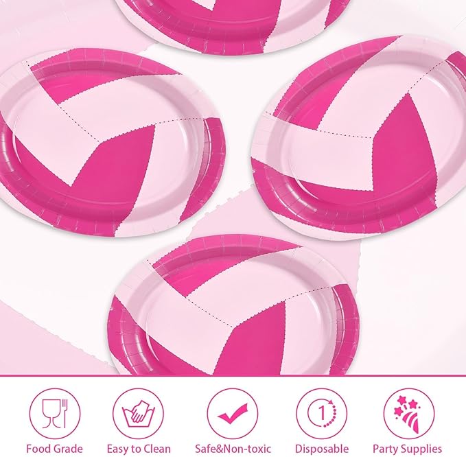 Grencian 50Pcs Pink Volleyball Party Supplies 10" x 12" Volleyball Oval Paper Plates Sport Birthday Party Disposable for Girls Ball Games Birthday Baby Shower Decorations