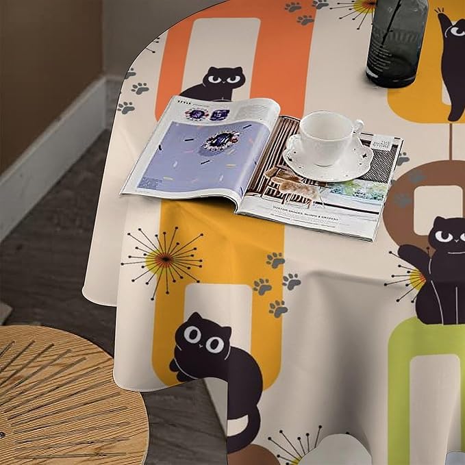 Bohemian Black Cat Round Tablecloth, Rustic Vintage Mid Century Geometric Tablecloth for Home Party Dining Room Kitchen Decor 50Inch(127cm)