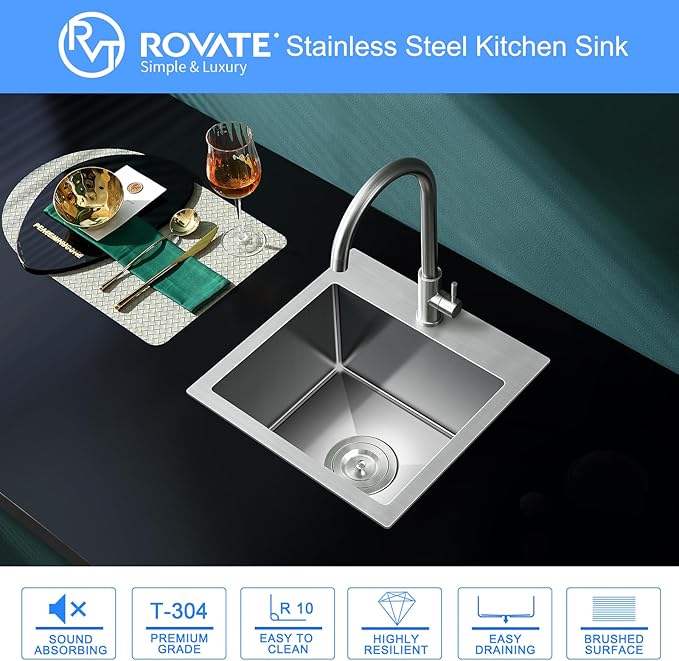 ROVATE 18 × 18 x 9 inch Drop in Kitchen Sink, 304 Stainless Steel Top-mount Kitchen Bar Sink Single Bowl, Small Overmount Handmade Bar Sinks with Basket Strainer