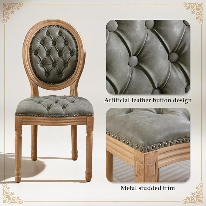 SoarFlash French Dining Chairs Set of 6, Vantage Dining Chair with Round Back, Farmhouse Country PU Leather Dining Chair for Kitchen,Bedroom,Green