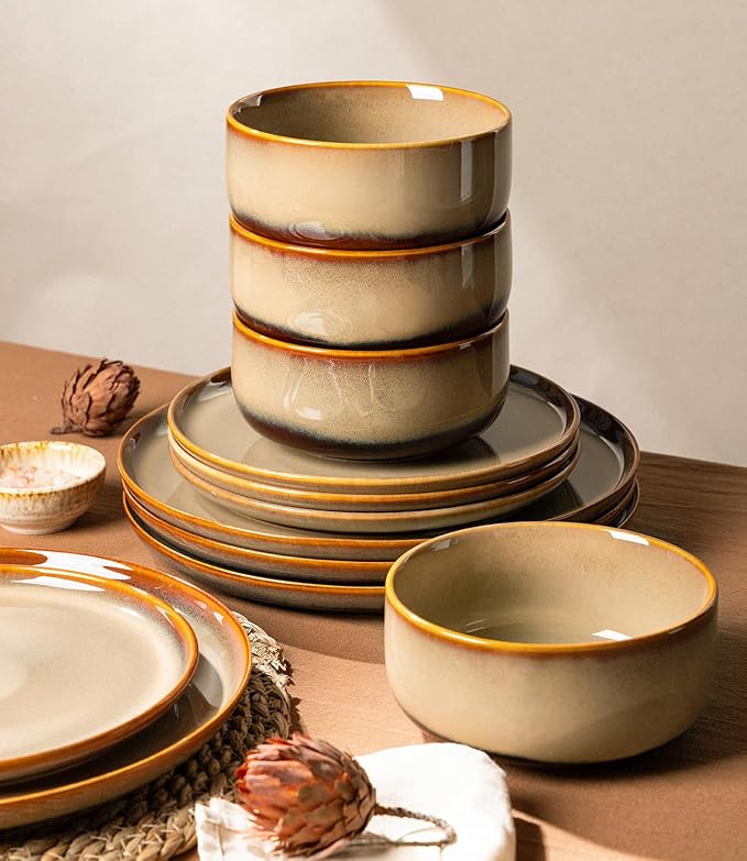 TheTerra Ceramic Dinnerware Sets for 6, 18 Pieces Handmade Reactive Glaze Plates and Bowls Set, Scratch Resistant Dish Set, Oven & Microwave & Dishwasher Safe, Creamy Amber