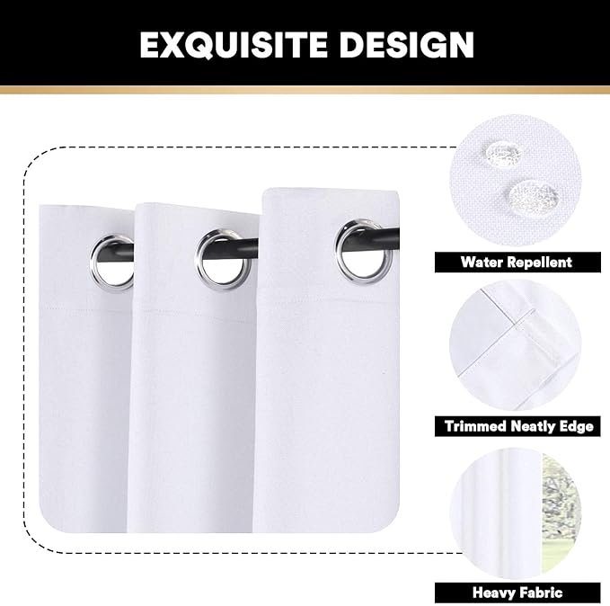 PrinceDeco 100% Blackout Linen Textured Curtains for Bedroom Grommet Room Darkening Curtains & Drapes Luxury Decor for Living Room Solid Thermal Insulated with White Liner,Pearl White，52 x 108 Inch