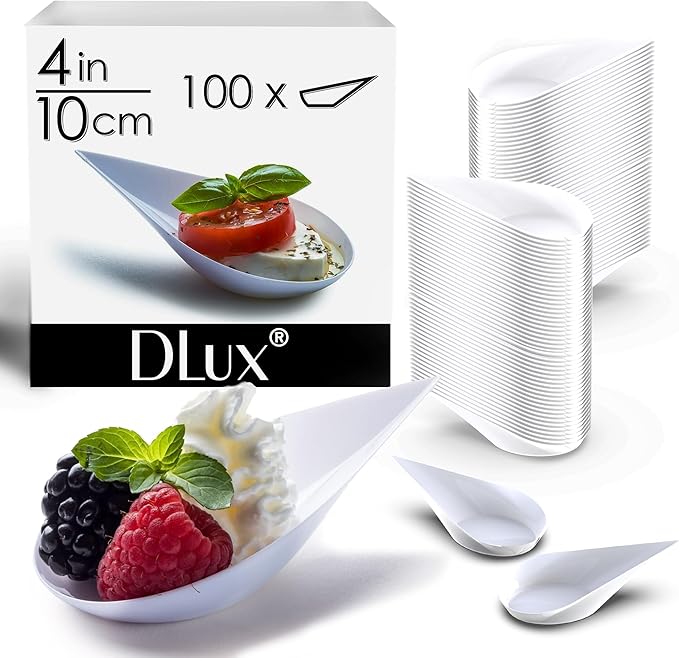 DLux 100 4-in Tear Drop Mini Appetizer Plates, Reusable White Plastic Spoons - Desserts and Appetizers Dishes Serving Plate - Asian Spoon Set, Small Catering Dessert Tasting Cups - with Recipe Ebook