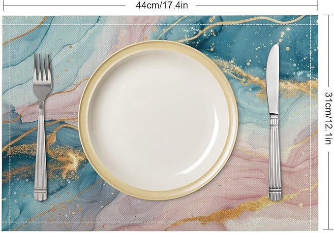Marble Linen Place Mats Set of 2, 12x17 Inch Modern Luxury Foil Texture Pink Blue Gold Marble Washable Fabric Non-Slip Placemats for Home Dining Table Banquets Party Kitchen Decoration