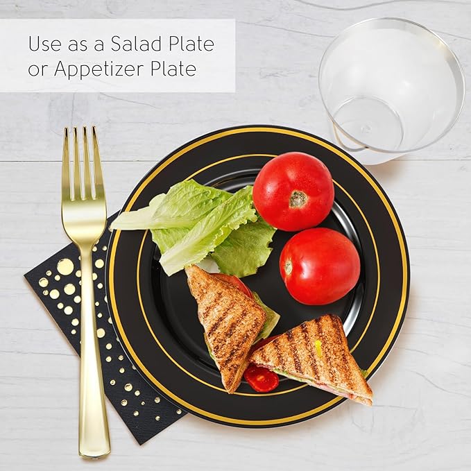 The Essential Concierge Stylish 7.5 Inch Gold and Black Cake Plates with Disposable Cups, Forks and Cocktail Napkins (100 Set of Each) - Small Appetizer Plates, Disposable Cake Plates or Salad Plate
