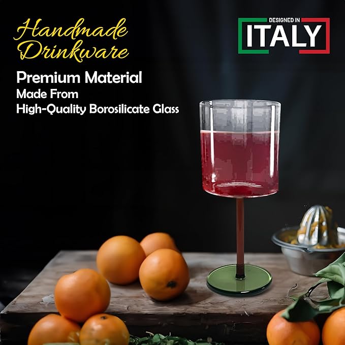 Gusto Buono 11.8oz Borosilicate Wine Glasses – Set of 4 Drinkware with Yellow & Green Stem | Handmade, Heat-Resistant, Dishwasher & Microwave Safe | Perfect for White & Red Wine, Parties & Gifts