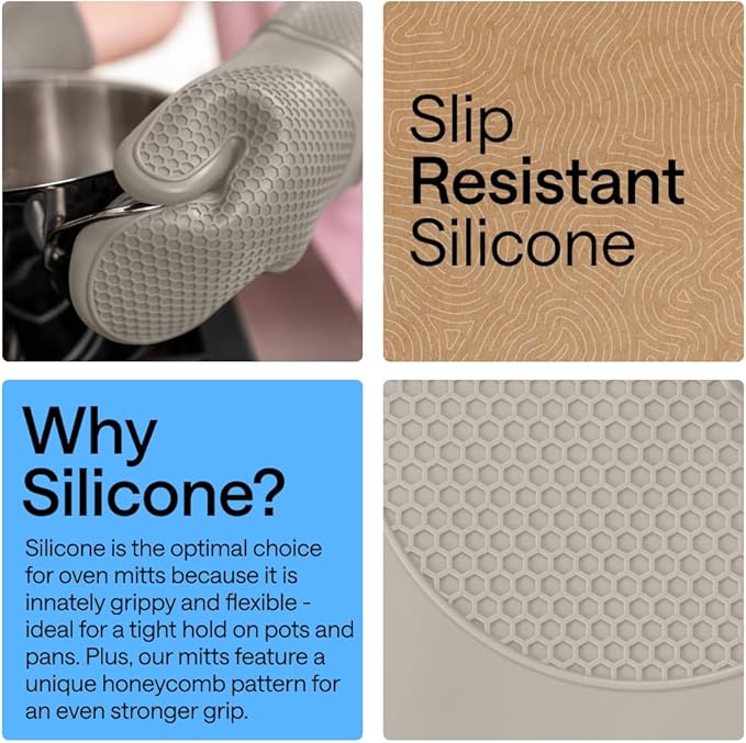 GORILLA GRIP BPA-Free Soft Silicone Oven Mitts, 14.5x8.3, Heat Resistant and Waterproof Cooking Gloves, Thick Cotton Lining, Flexible Gripping for Baking Grilling, Kitchen Potholders Set of 2, Almond