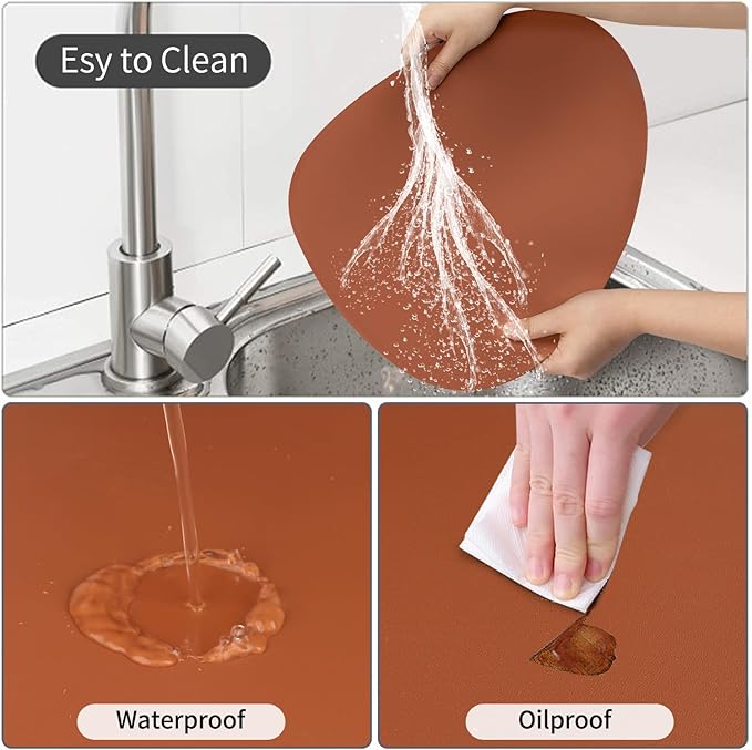 Faux Leather Placemats and Coasters Set, Round Leather for Dinner Table Mats Heat Resistant Washable Insulation Coffee Mats Kitchen Place Mats Nordic Style (Brown, 2 Placemats+2 Coasters)