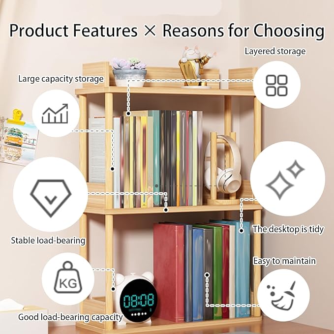 Desktop Organizer Shelf, Multi Tier Wood Tabletop Bookshelf, Space Saving Countertop Storage Rack for Office, Bedroom, Living Room(Warm White,11.8 * 7.8 * 26.7in)