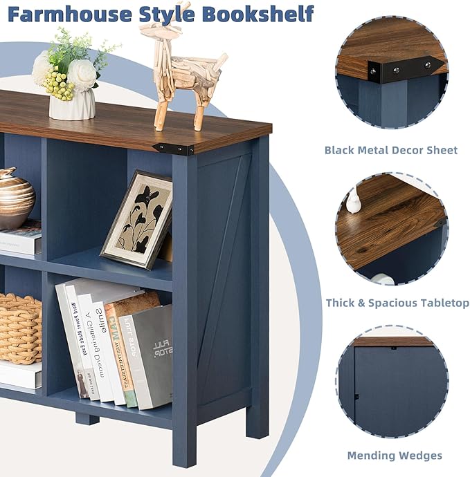8 Cube Book Shelf, Farmhouse Wood Long Storage Organizer Bookcase, 62" Horizontal Navy Blue Console Closet Bookshelf, Hallway TV Stand for Entryway, Display Cabinet Book Case for Living Room