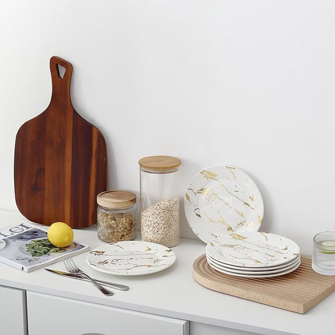 Modern 6-Piece Dinner Plate Set, 10-Inch White Marble Ceramic Plates with Gold Rim, Elegant Appetizer Salad Dessert Plates for Everyday Dining & Party.