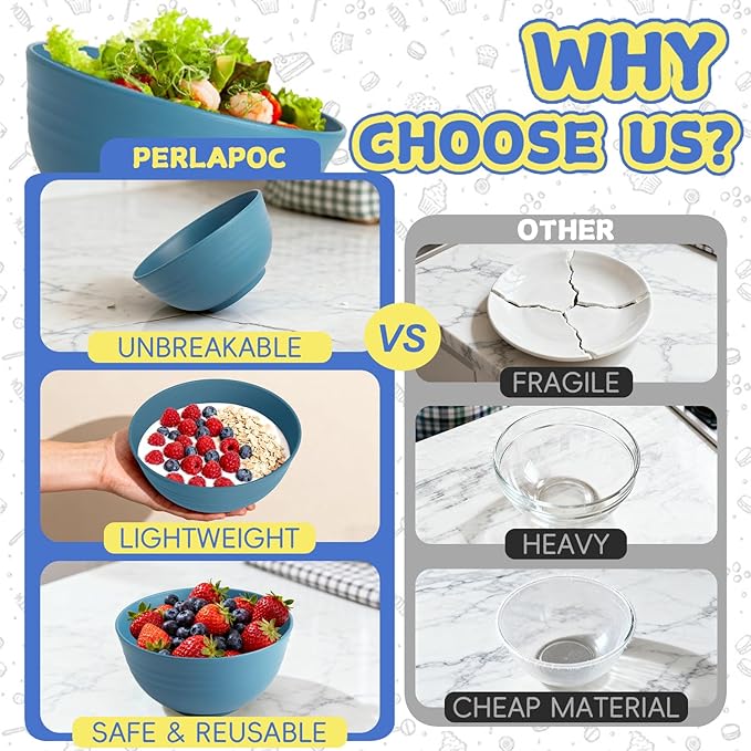 26 OZ Wheat Straw Bowls Set of 6, Reusable Plastic Kitchen Bowls, Unbreakable Bowls Set for Cereal, Salad, Snack, Soup, Ideal for Indoor & Outdoor, Microwave & Dishwasher Safe, Blue