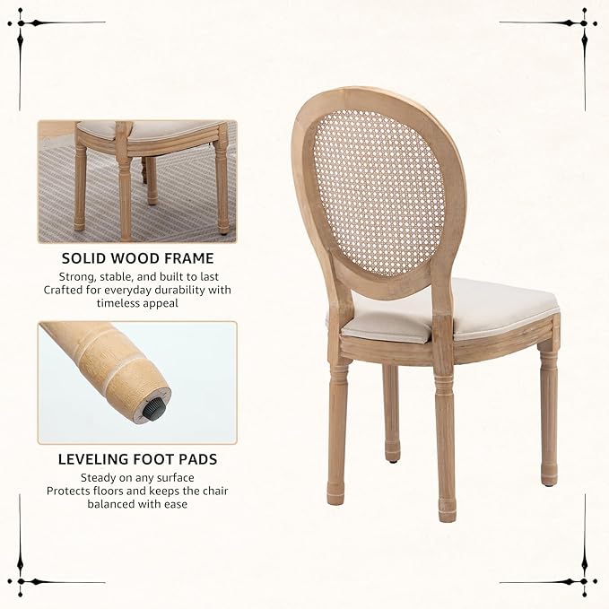 Vintage French Rattan Dining Chairs Set of 6, Solid Wood Frame with Round Rattan Back and Linen Upholstered Seat, Farmhouse Accent Sillas de Comedor Side Chairs for Dining Room & Kitchen, Beige