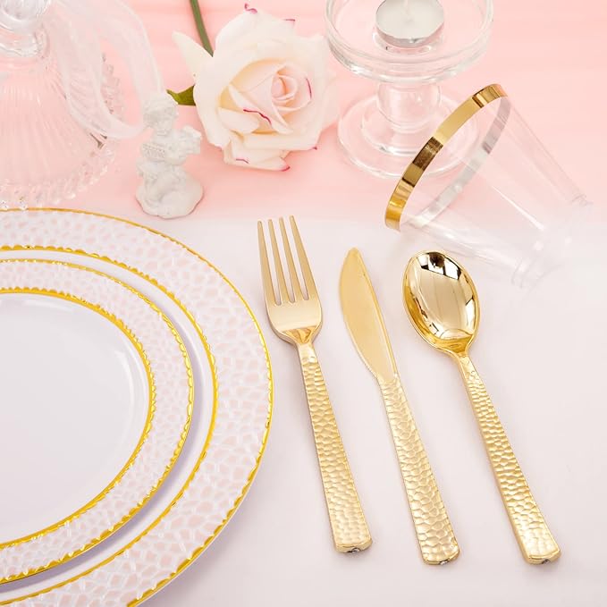 Ciaell 150PCS Pink Plastic Plates – Disposable Pink and Gold Plates Set include 50Plates, 25Forks, 25Knives, 25Spoons, 25Cups for Wedding & Party & Valentine's Day