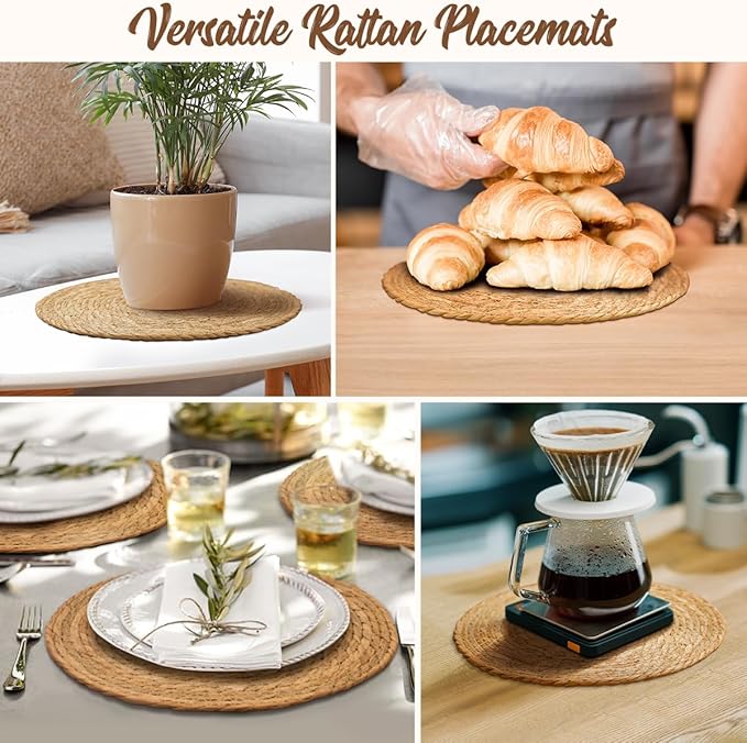 13 in Round Woven Plate Chargers Set of 6, Boho Farmhouse Rustic Woven Placemats for Dining Table Decor, Rattan Wicker Table Mats Chargers for Dinner Plates Jute Braided Place Mats