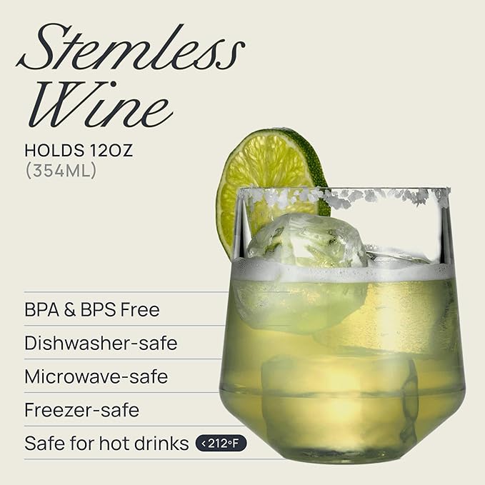 Drinique Unbreakable Stemless Wine Glasses – Set of 4 | 12oz Tritan Plastic | Made with 50% Recycled Content | Reusable, Dishwasher Safe, BPA-Free, Shatterproof | Indoor, Outdoor, Everyday Use - Clear