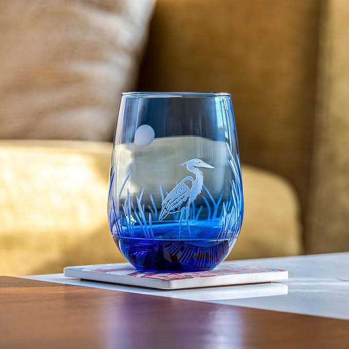 Rolf Glass Heron Blue Stemless Wine Glass | 15oz Stemless Tumbler | Engraved Lead-Free Coastal Glassware | Made in the USA | Blue Heron Engraved Design | Set of 4