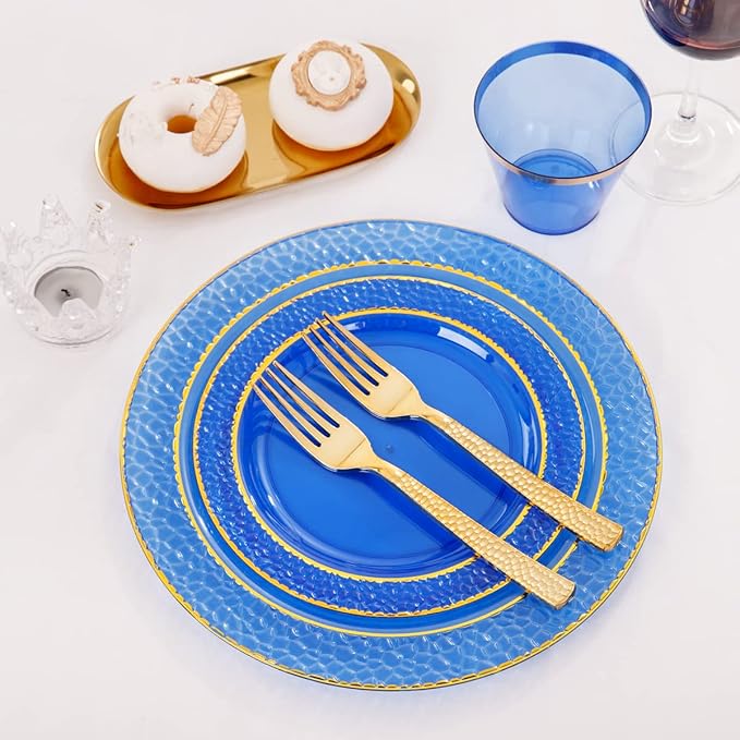 Nervure 150PCS Clear Blue Plastic Plates - Gold Party Plates - Blue and Gold Dinnerware Set Include: 50 Disposable Plate, 25Cups, 25Forks, 25Knives, 25Spoons for Wedding & Party & Hanukkah