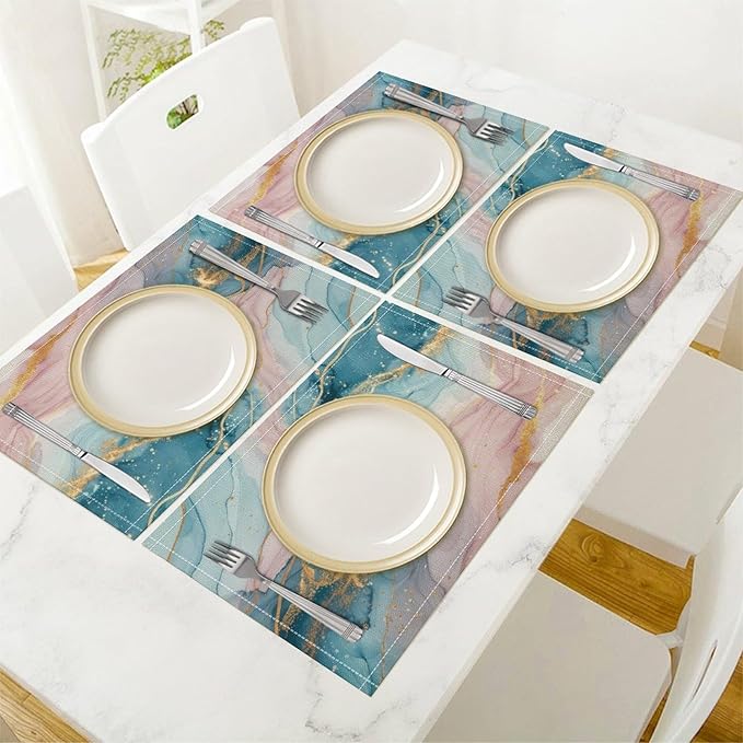 Marble Linen Placemats Set of 4, Modern Luxury Foil Texture Pink Blue Gold Marble Washable Cloth Place Mats, Non-Slip Dining Table Placemats for Home Kitchen Party Banquets Decor 12x17 Inch