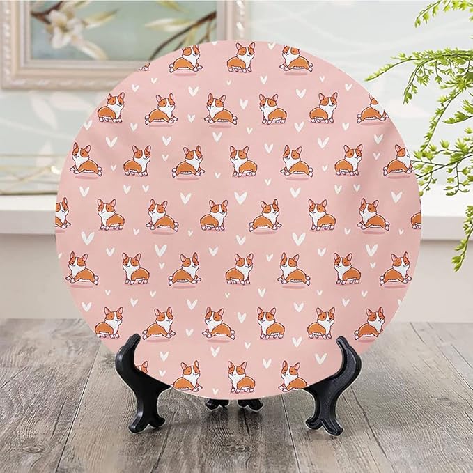 Ceramic Display Plate, Dog Lover Ceramic Hanging Decorative Plate, Cute Little Corgi Jumping Running and Standing, 10 Inch, Living Room Kitchen Decoration Household, Coral Orange White
