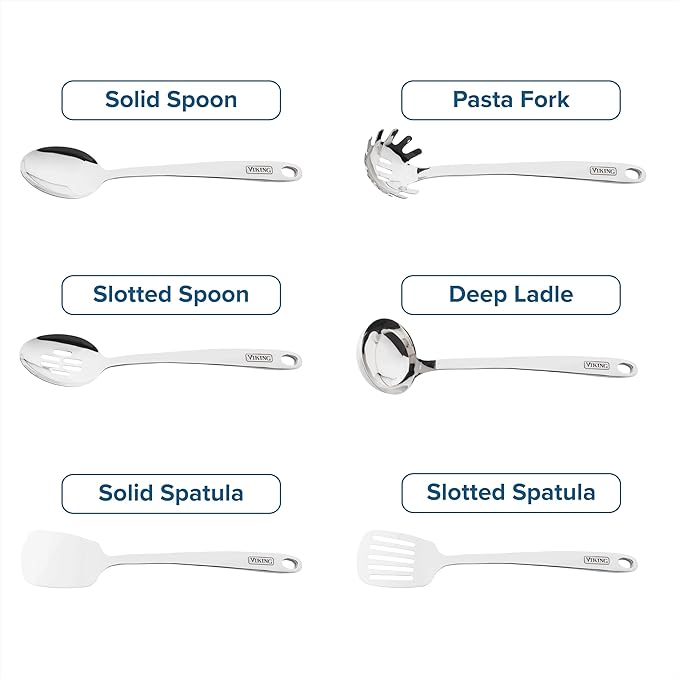 Viking Kitchen Utensils Set, 6 Piece Stainless Steel Cooking Utensil Set, Includes Spatulas, Spoons, Pasta Fork, and Deep Ladle, Hollow Forged, Silver