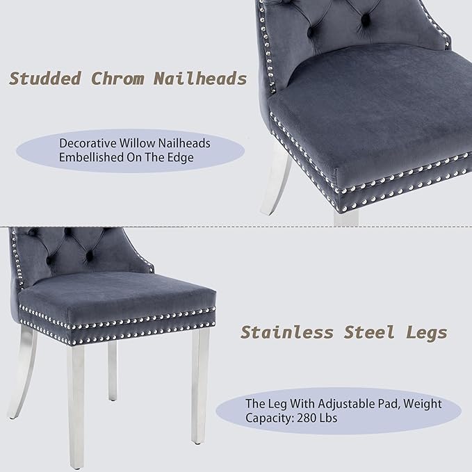 KCC Velvet Dining Chairs Set of 6, Upholstered High-end Tufted Dining Room Chair with Nailhead Back Ring Pull Trim Stainless Steel Legs, Contemporary Nikki Collection Modern Style for Kitchen, Gray