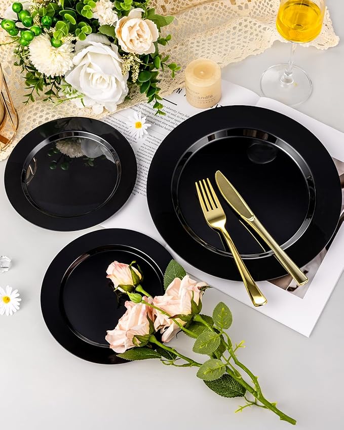 BESTVIP 100PCS Black Disposable Plastic Plates, Disposable Party Plates with 50 Dinner Plates and 50 Dessert Plates, Plastic Plates for Party, Wedding Birthday (Black, 100PCS)
