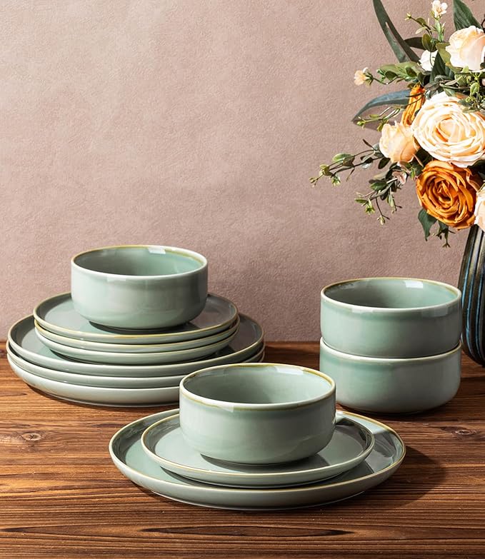 TheTerra Ceramic Dinnerware Sets for 4, 12 Pieces Handmade Reactive Glaze Plates and Bowls Set, Scratch Resistant Dish Set, Oven & Microwave & Dishwasher Safe, Eucalyptus