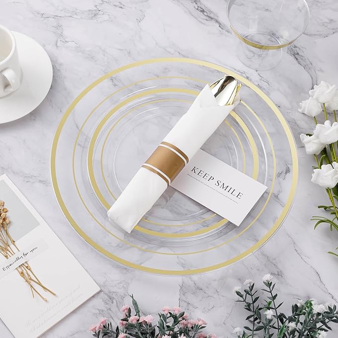 BESTVIP 700PCS Clear Gold Plastic Dinnerware Set for 100 Guests, Disposable Party Plate for Christmas and New Year, Include: 200 Plastic Plates, 100 Pre Rolled Napkins with Silverware, 100 Cups