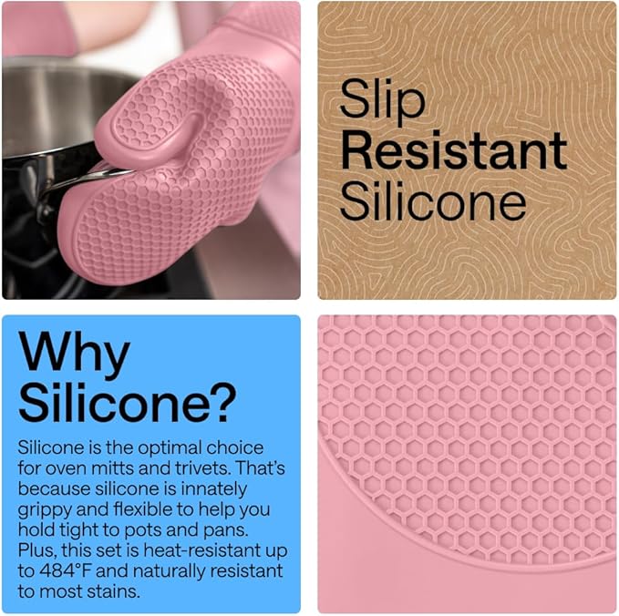 GORILLA GRIP BPA-Free Soft Silicone Oven Mitts and Pot Holders Sets of 4, Heat Resistant Waterproof Cooking Gloves, Thick Cotton Lining, Flexible Gripping for Baking Grilling, Kitchen Trivets, Pink