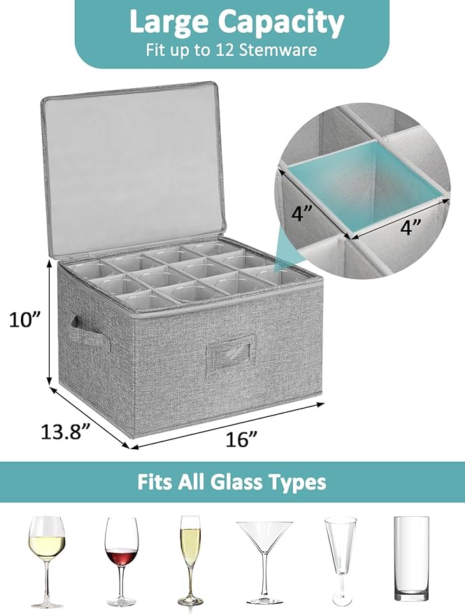 Cirhy Wine Glass Storage Box Hard Shell, 10'' Tall Stemware Storage Containers for Moving, Holds 24 Crystal Glasses & Flutes, Stackable Glassware Chest with Dividers, Grey (2-Pack)