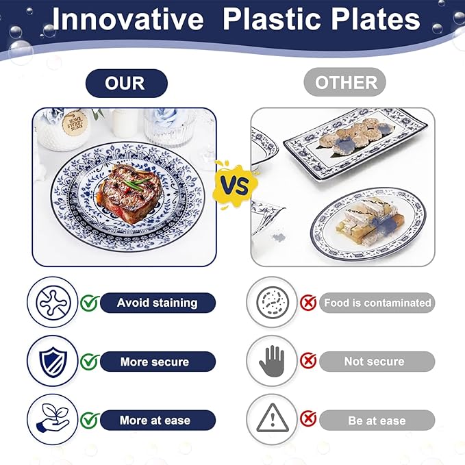 Hioasis 60pcs Blue Plastic Plates Set - Floral Blue & White Porcelain Design, 10.25" Dinner & 7.5" Dessert Plates Disposable for Wedding (Dishwasher Safe, Traditional Style)