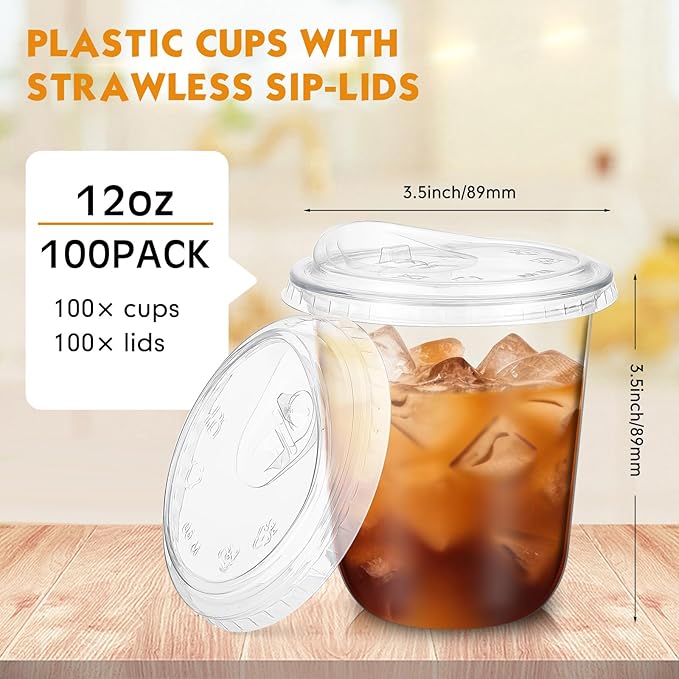 100 Sets 12 oz Clear Plastic Cups with Strawless Sip Lids, Thickened Clear Disposable Plastic Pet Crystal Cups for Iced Coffee, Smoothie, Cold Beverage, Drink Shops and Party Catering